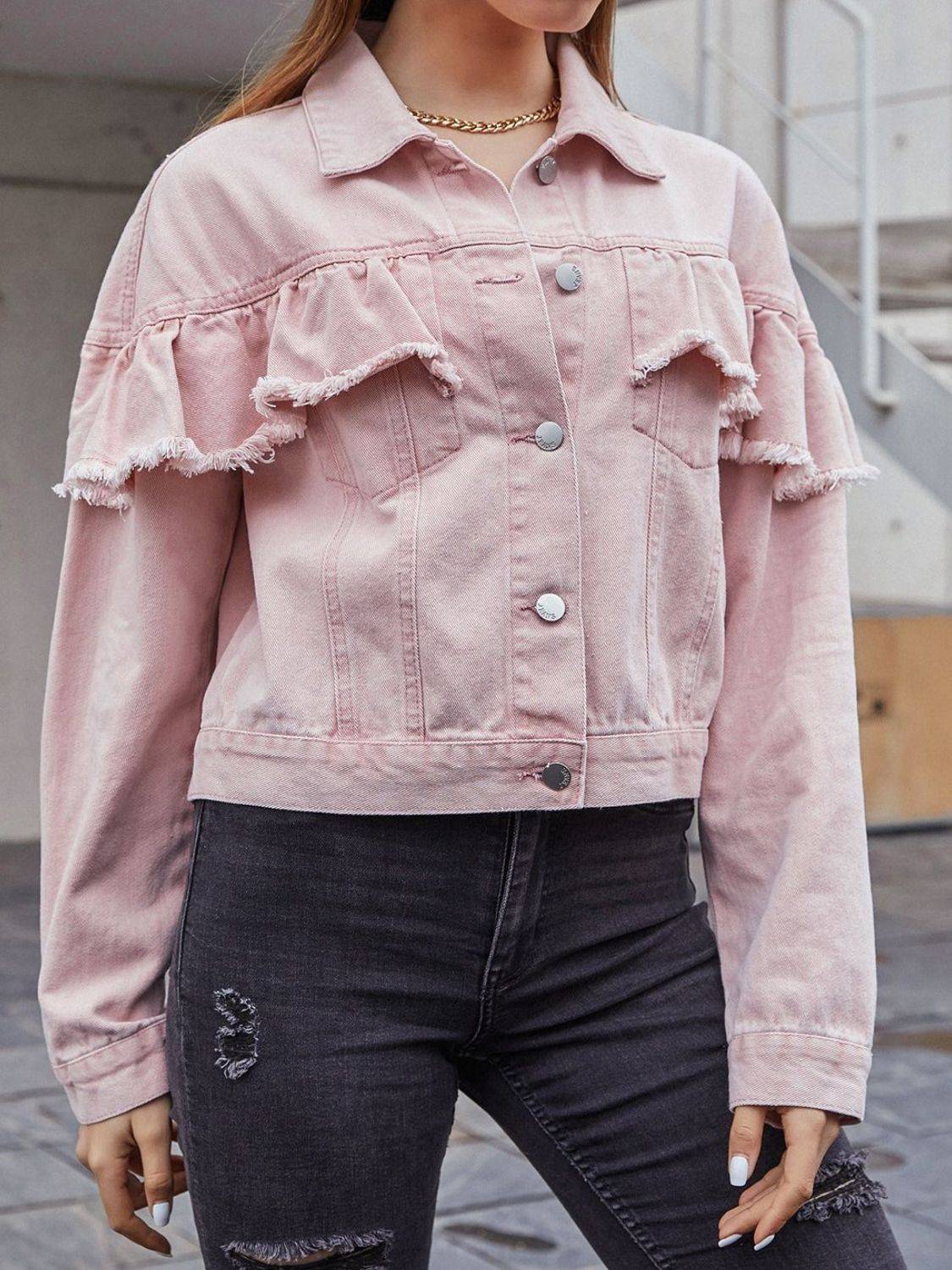 Front view of pink denim jacket with buttons