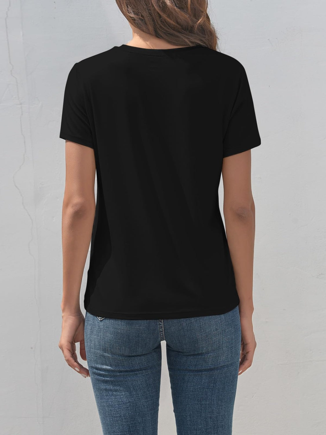 Back view of black round neck short sleeve T-shirt