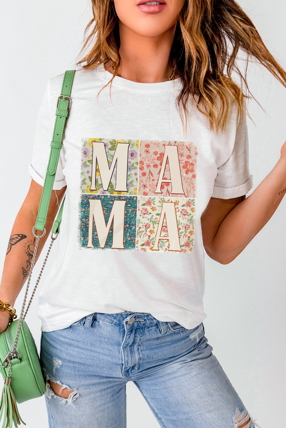 Floral MAMA t-shirt, round neck, short sleeves