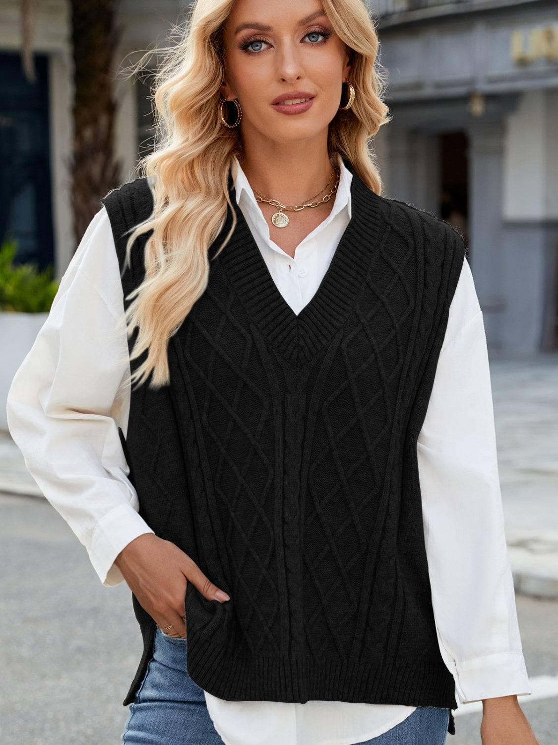 Black cable knit V-neck sweater vest, front view