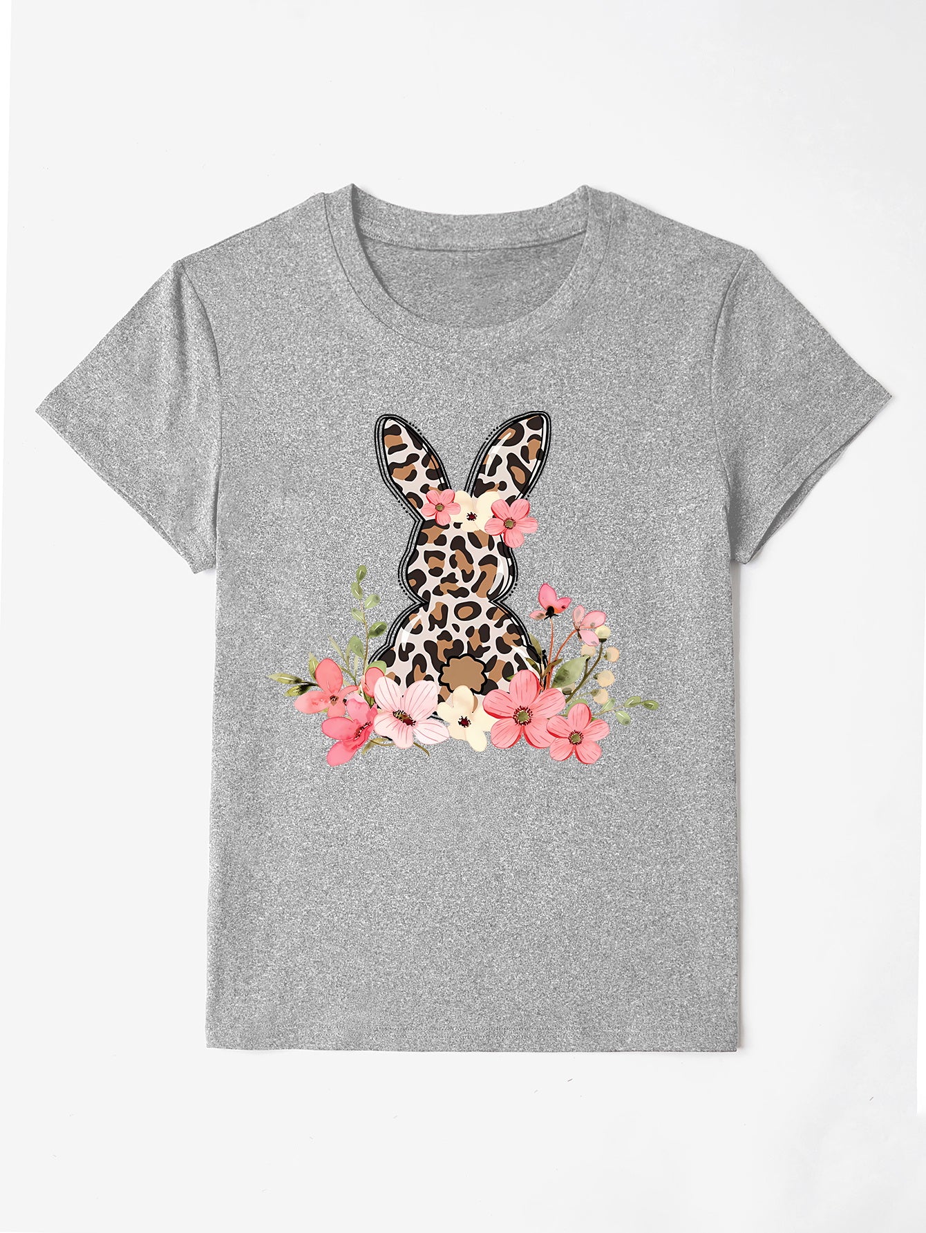 Gray rabbit round neck short sleeve t-shirt with floral design
