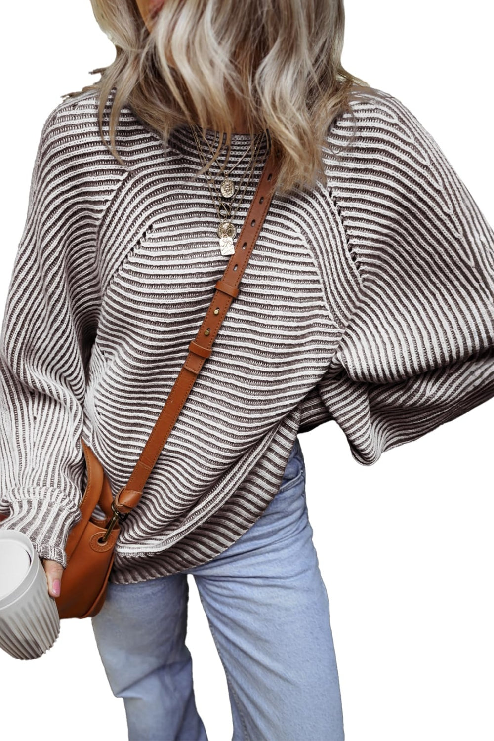 Brown textured striped top with brown bag
