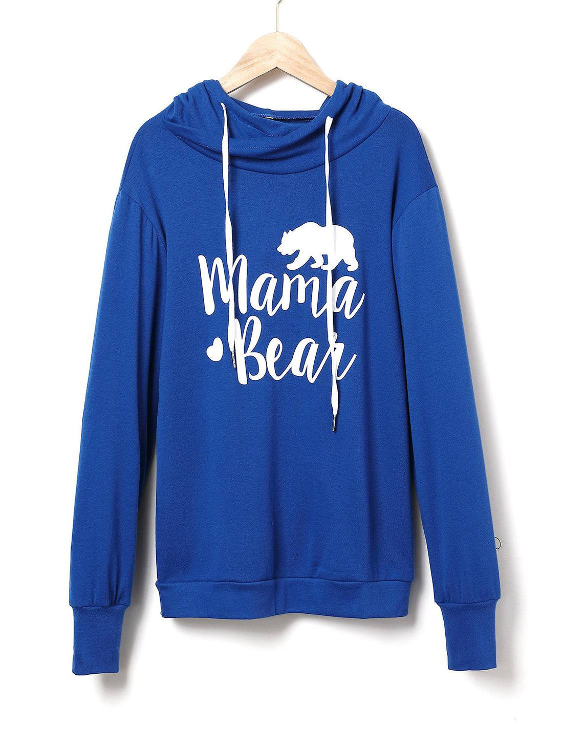 Blue Mama Bear hoodie on hanger, front view