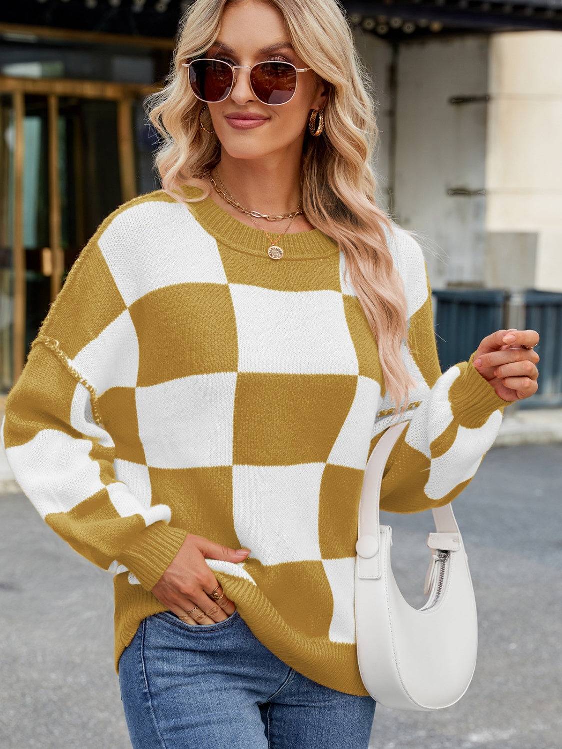 Yellow and white checkered round neck sweater