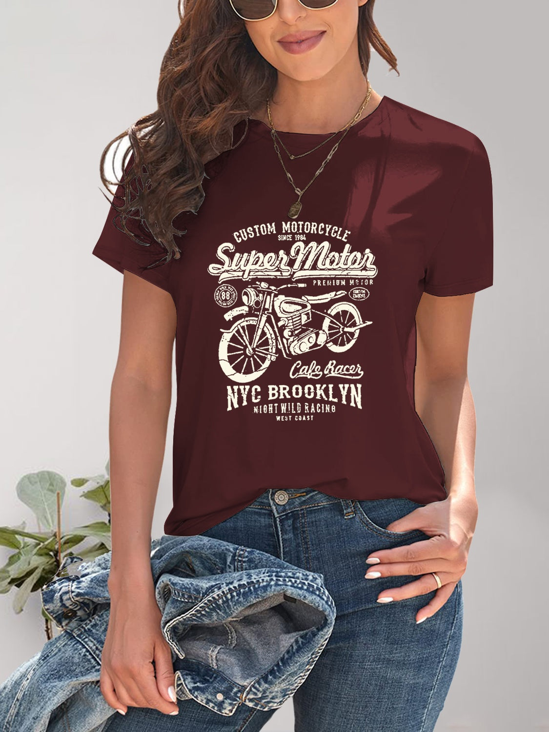 Maroon motorcycle graphic round neck T-shirt, front view