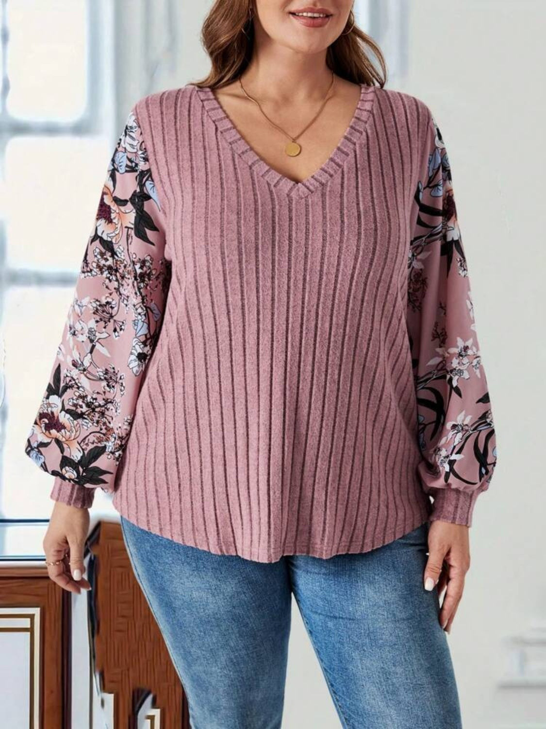 Plus size V-neck long sleeve floral T-shirt front view