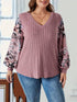 Plus size V-neck long sleeve floral T-shirt front view