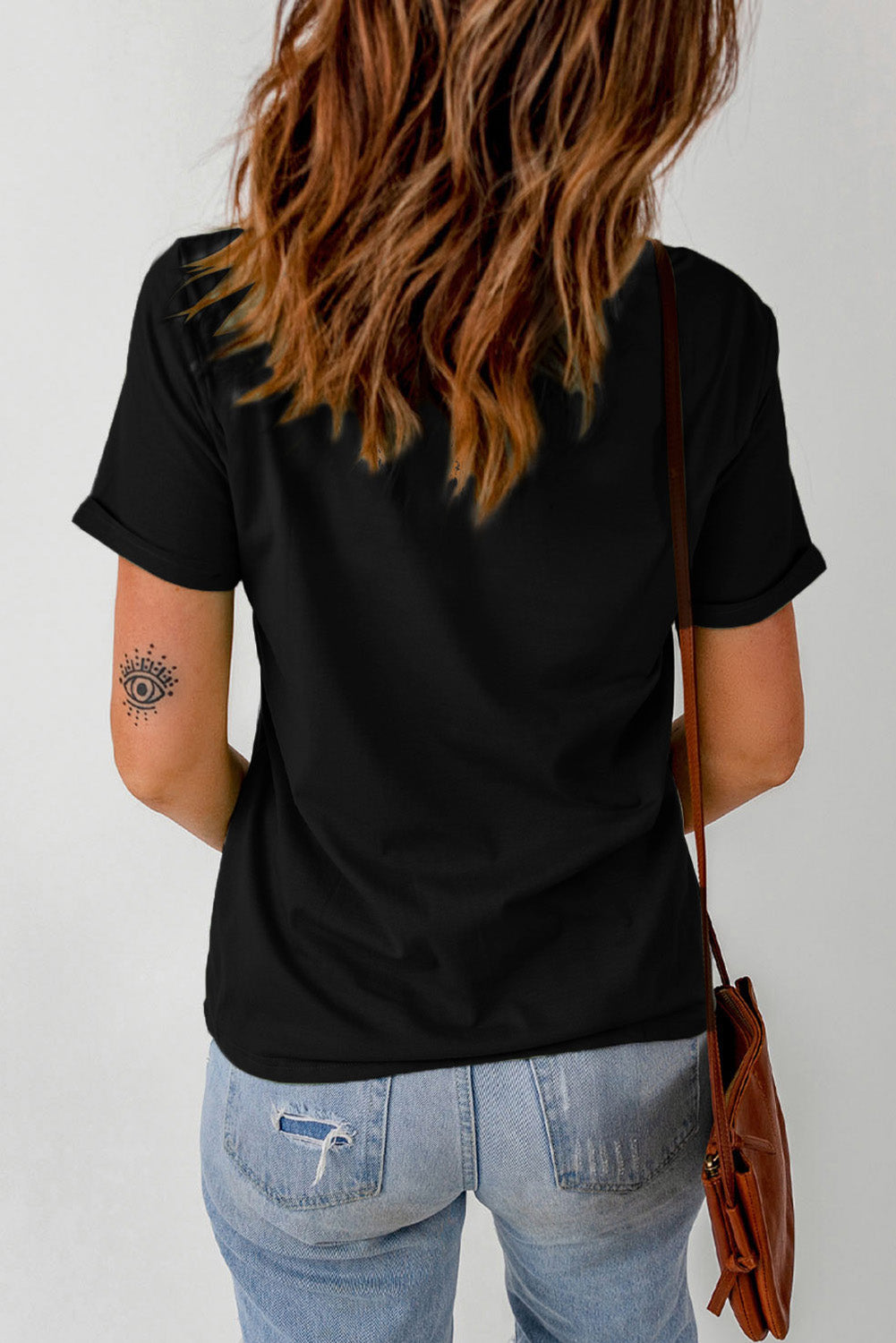 Black graphic round neck short sleeve t-shirt, back view