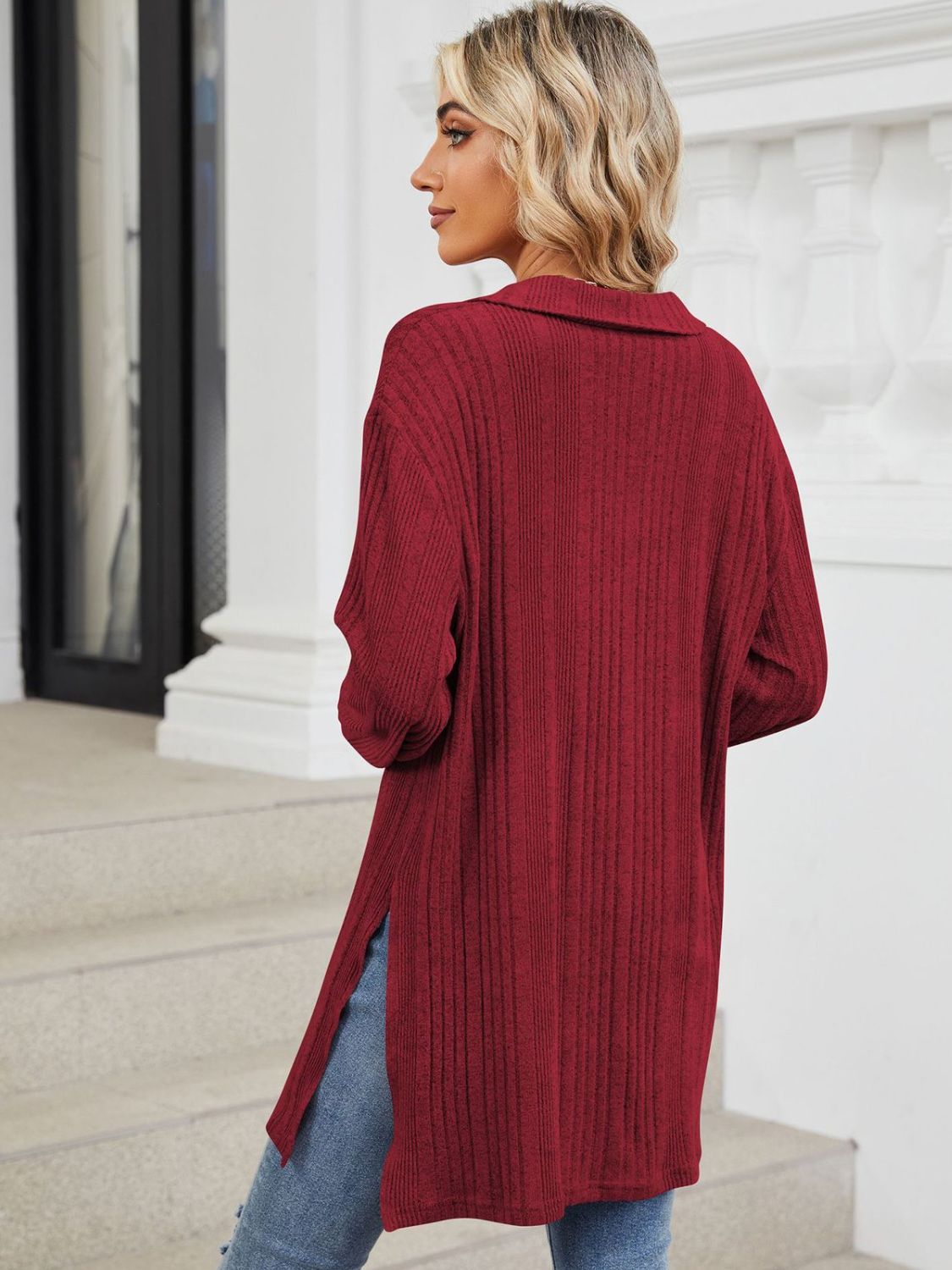 Red slit Johnny collar long sleeve t-shirt back view