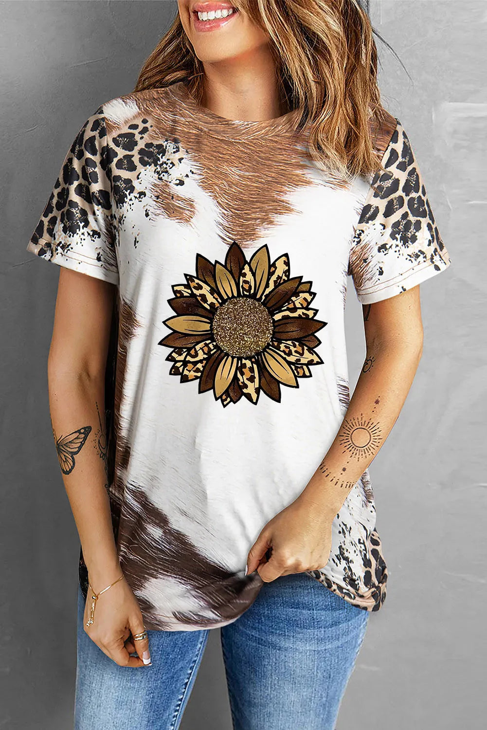Sunflower graphic round neck short sleeve t-shirt on model