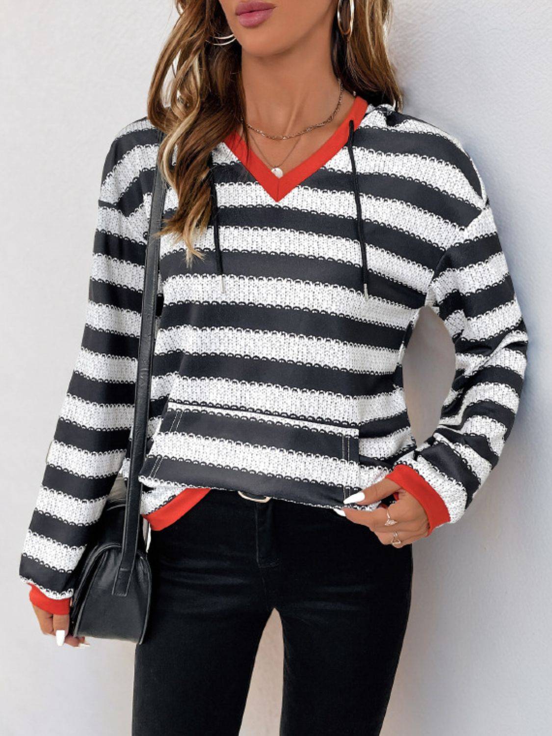 Perfee contrast striped long sleeve hoodie front view