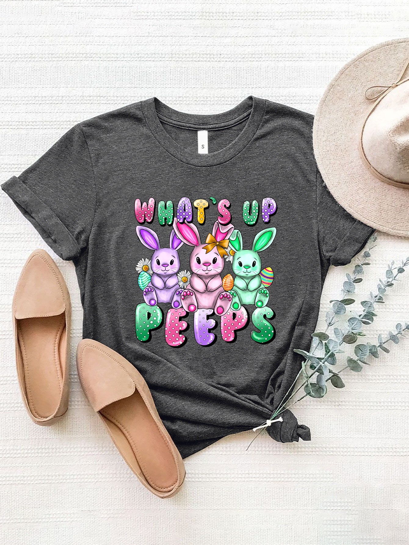 Gray graphic round neck short sleeve t-shirt with bunny design