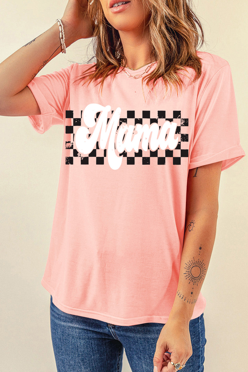 Pink MAMA T-shirt with round neck and short sleeves