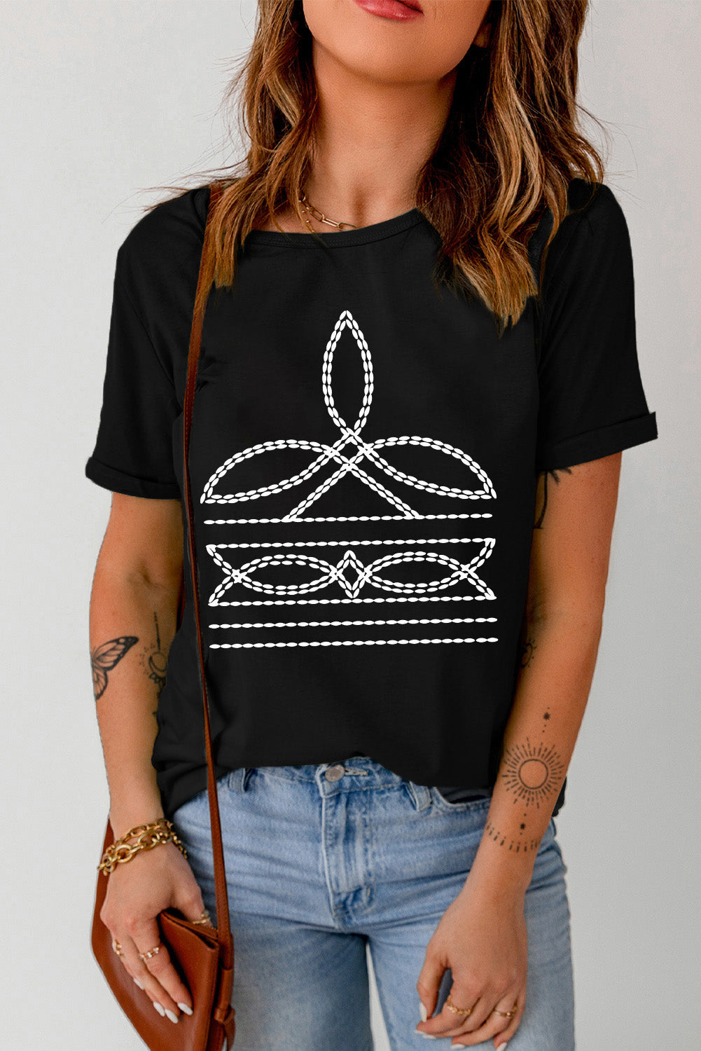 Black graphic round neck short sleeve t-shirt, front view