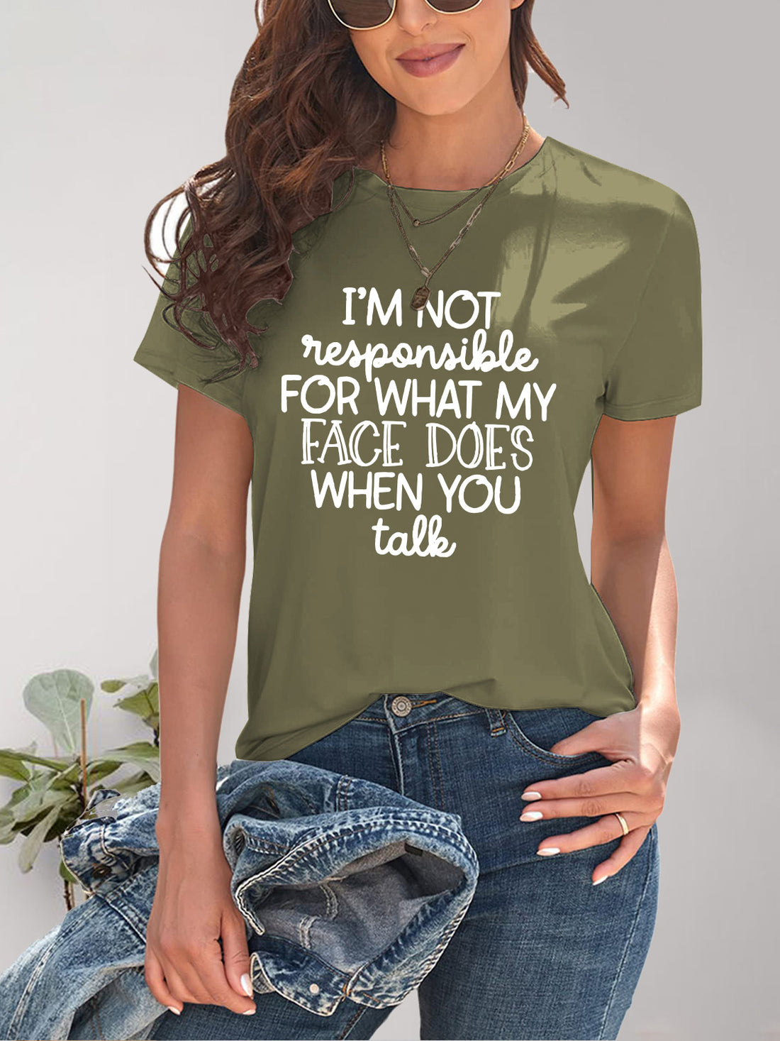 Olive green round neck T-shirt with letter graphic