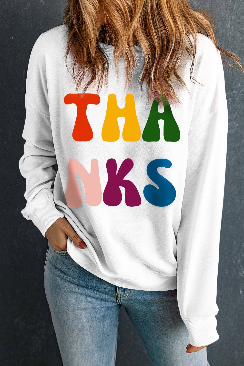 THANKS round neck long sleeve sweatshirt front view