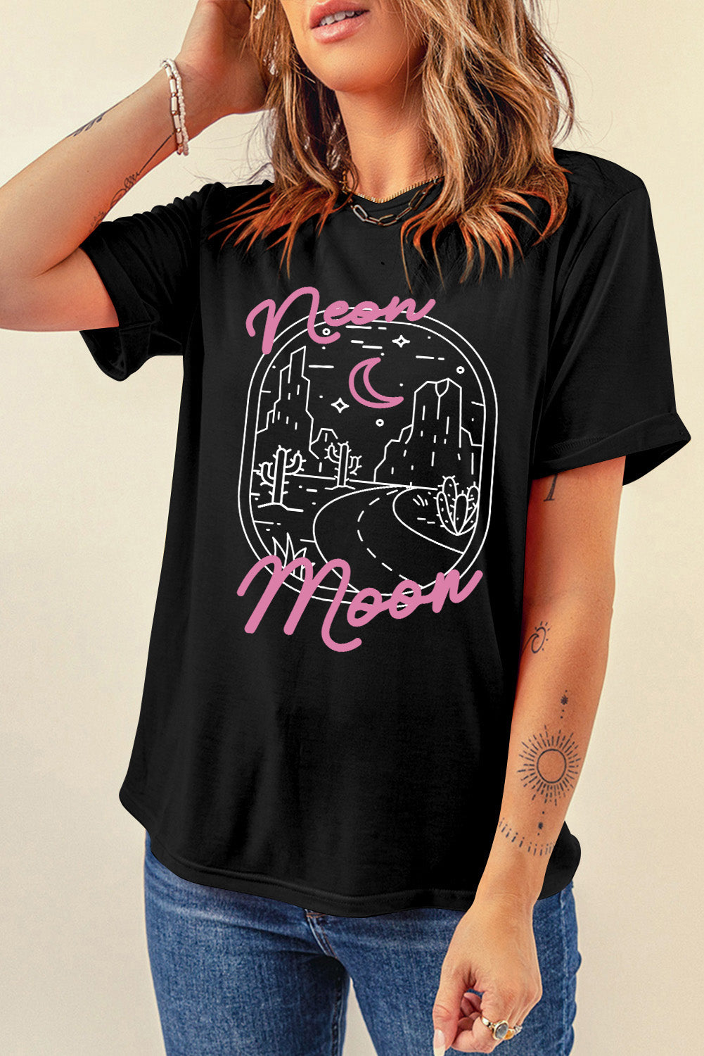 Black T-shirt with neon moon graphic, front view