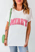 White MERRY T-shirt with pink lettering, round neck, short sleeves.