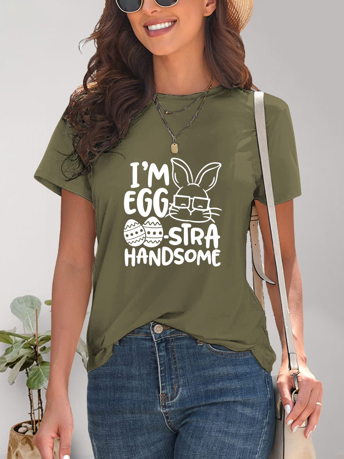 Olive graphic round neck short sleeve T-shirt