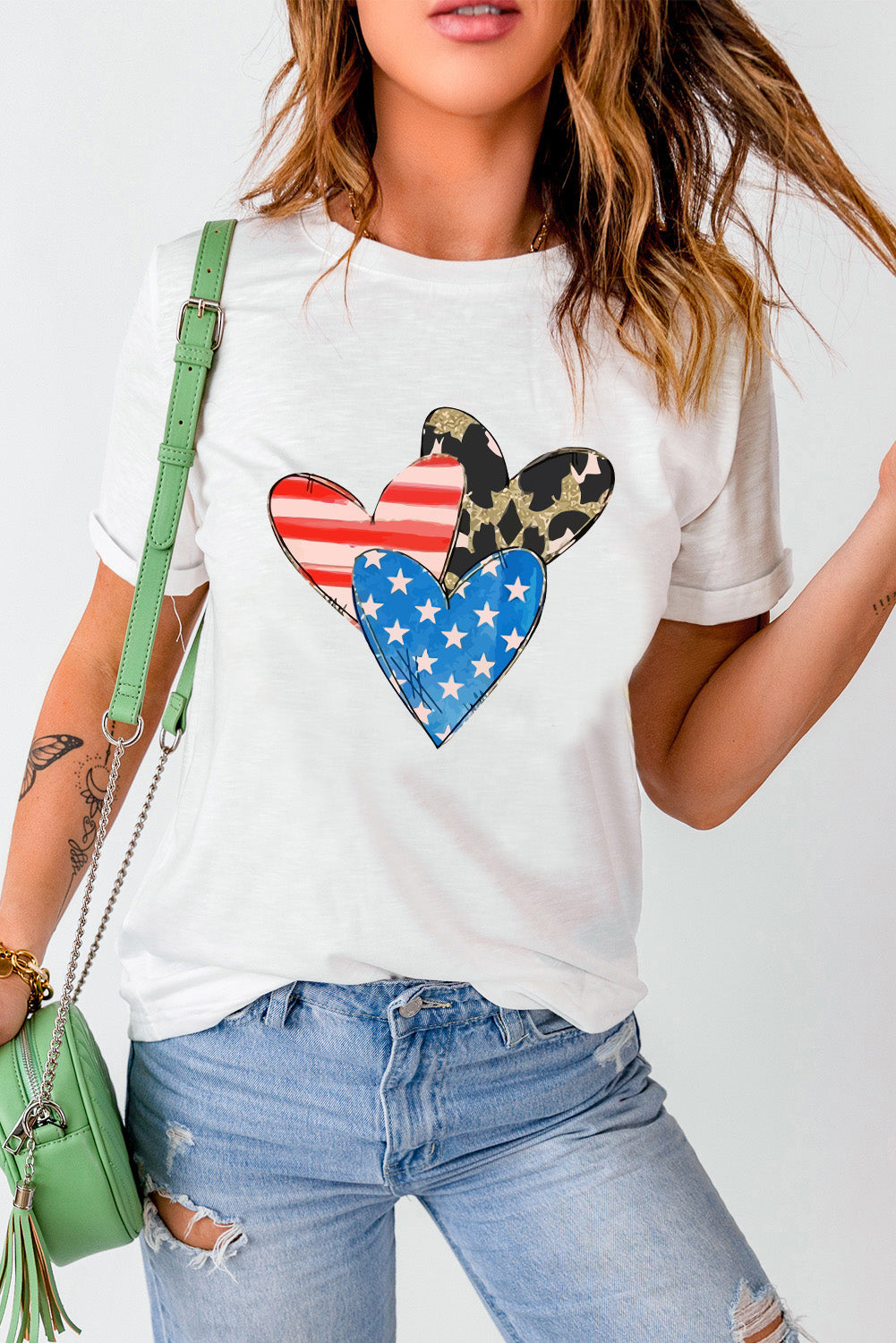 Heart round neck short sleeve T-shirt with patriotic design