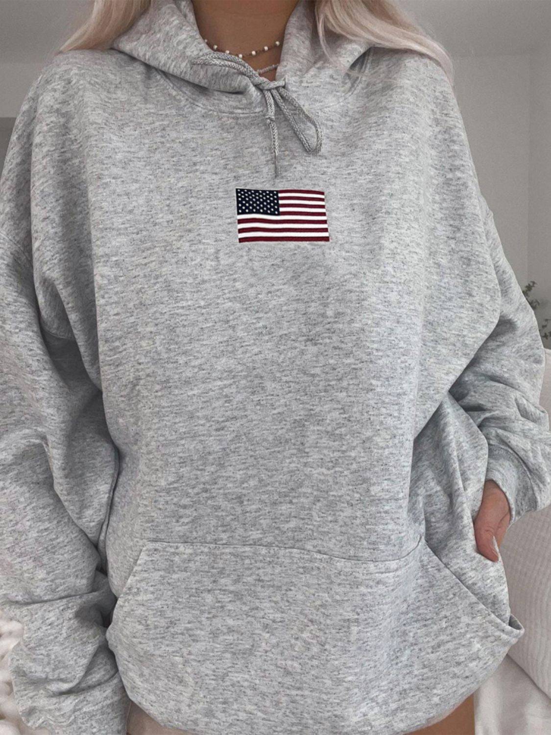 Gray hoodie with US flag, close-up front