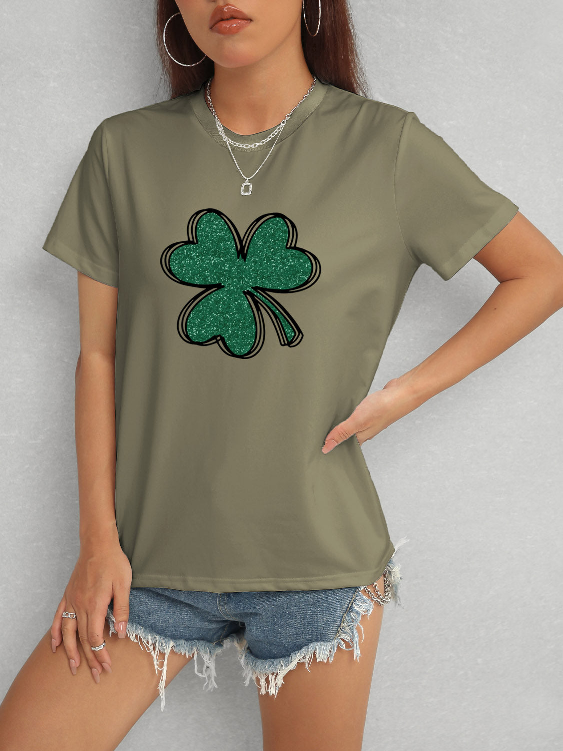Olive Lucky Clover Round Neck T-Shirt