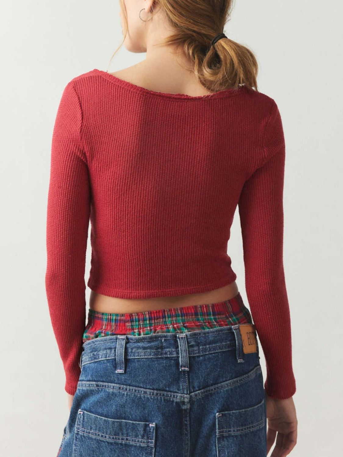 Red notched long sleeve t-shirt, back view