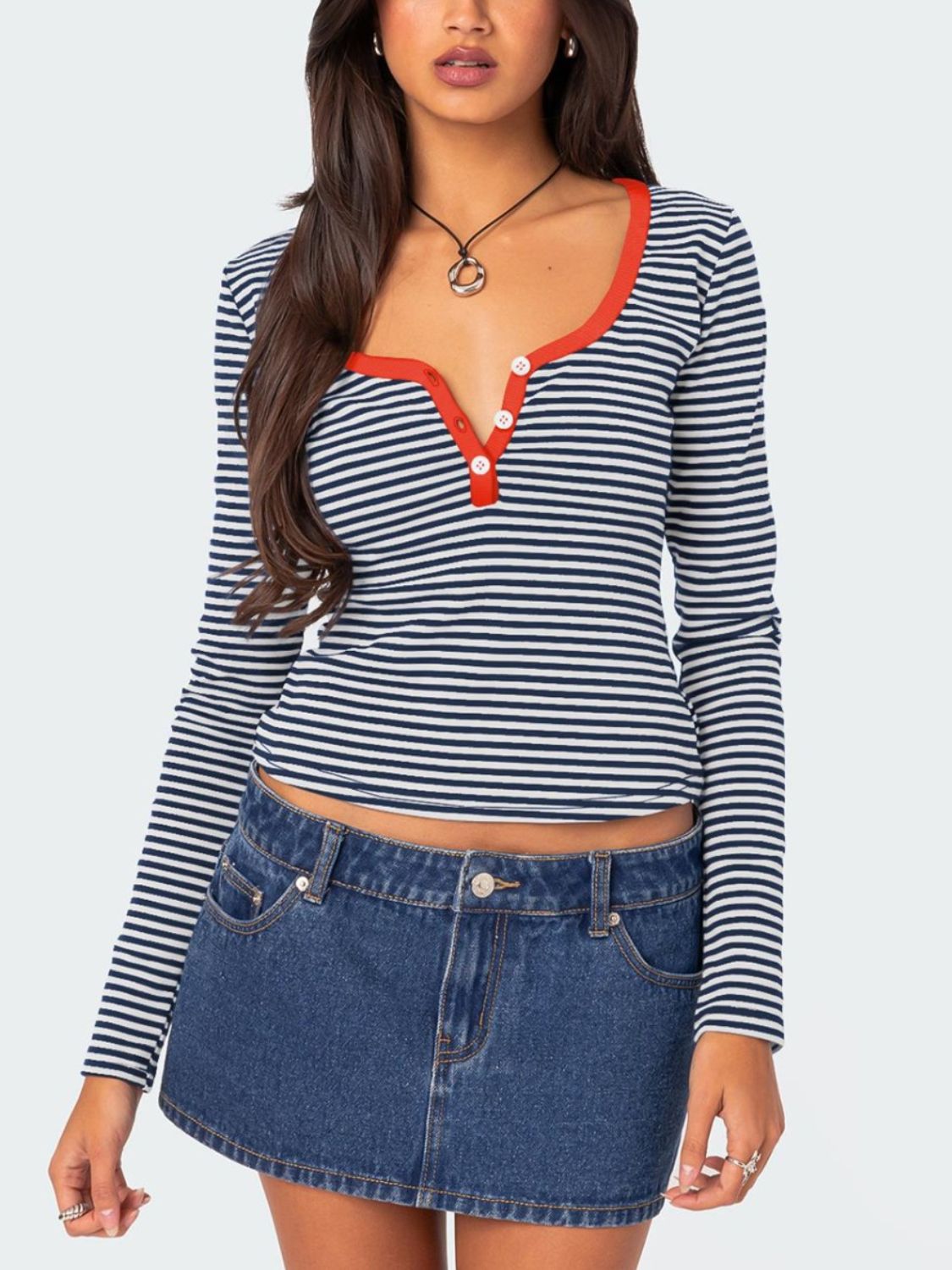 Navy and white striped long sleeve T-shirt with red trim