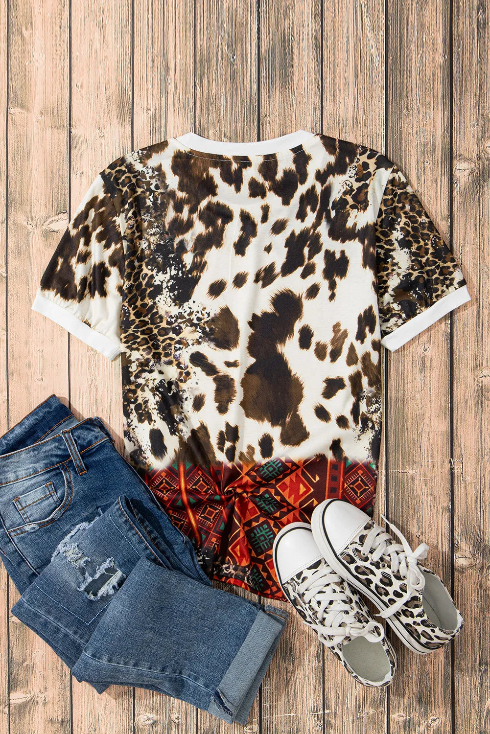 Back view of leopard print cowboy graphic T-shirt
