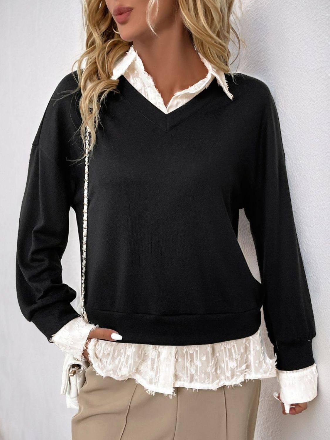Front view of Perfee faux layered contrast sweatshirt