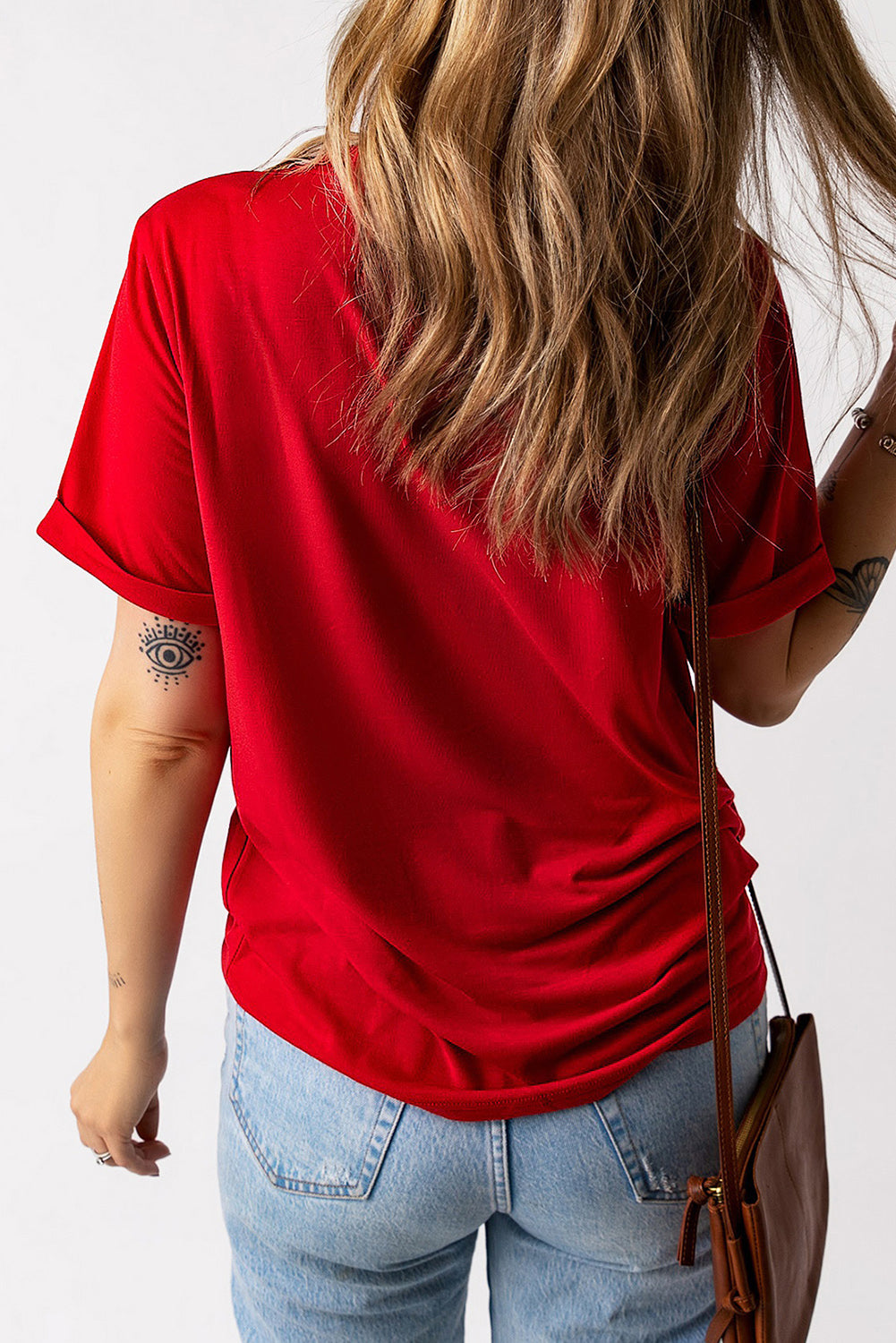 Red heart round neck short sleeve t-shirt, back view