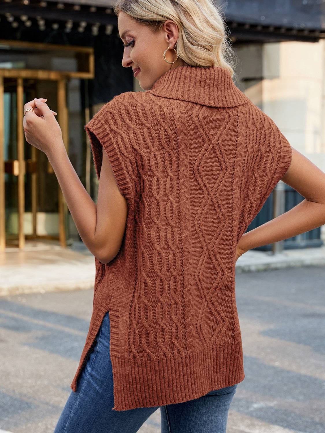 Back view of brown turtleneck sweater vest