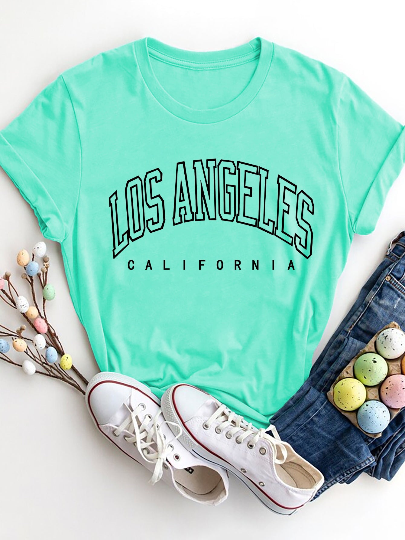 Mint green Los Angeles California round neck T-shirt