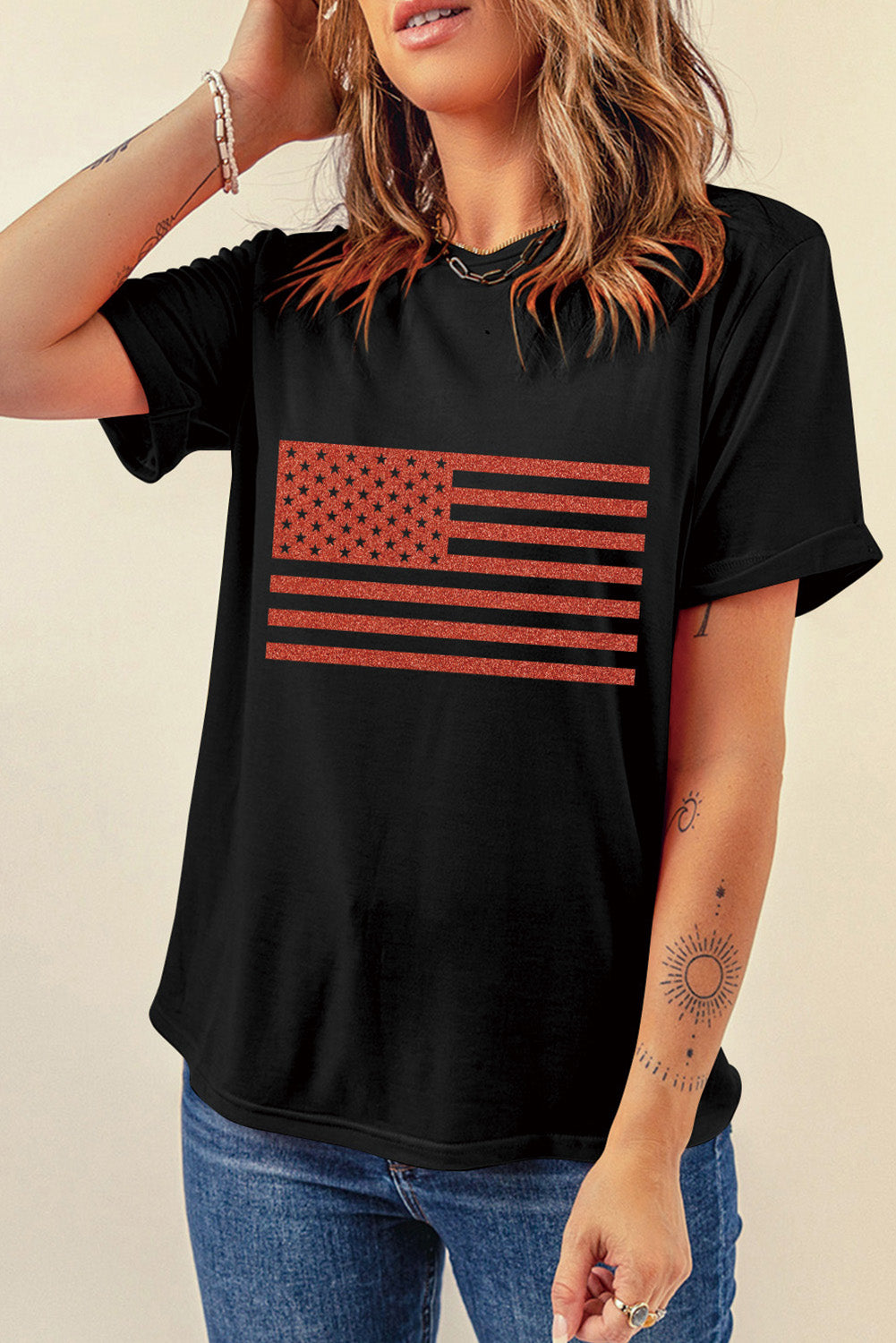 US Flag Round Neck Short Sleeve T-Shirt, angled front view
