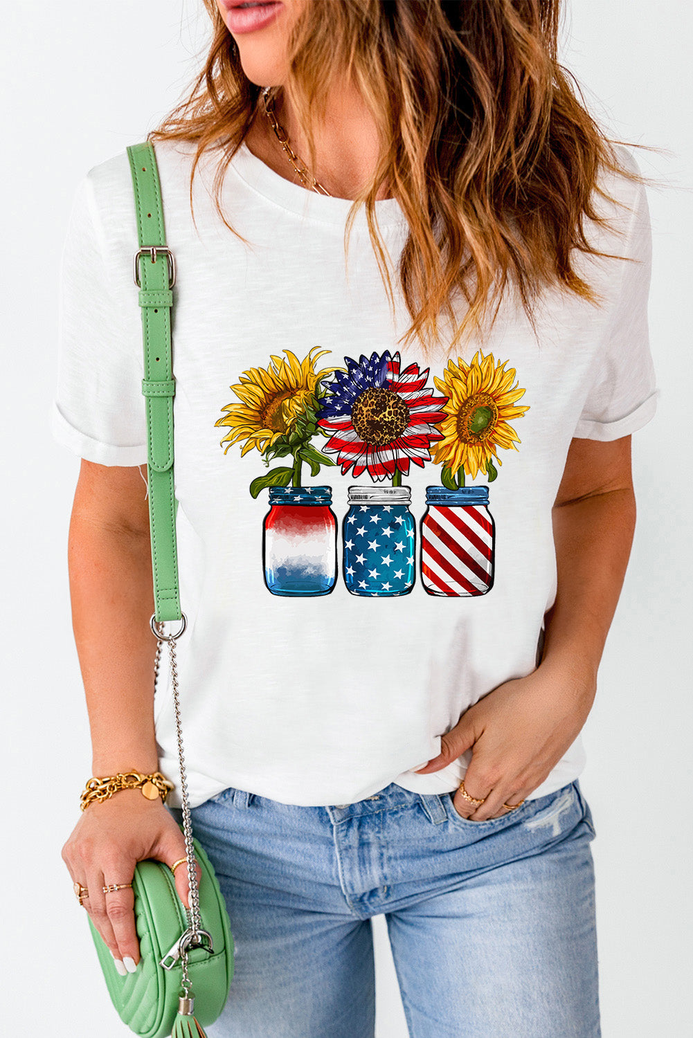 Short sleeve T-shirt featuring sunflower and patriotic jars