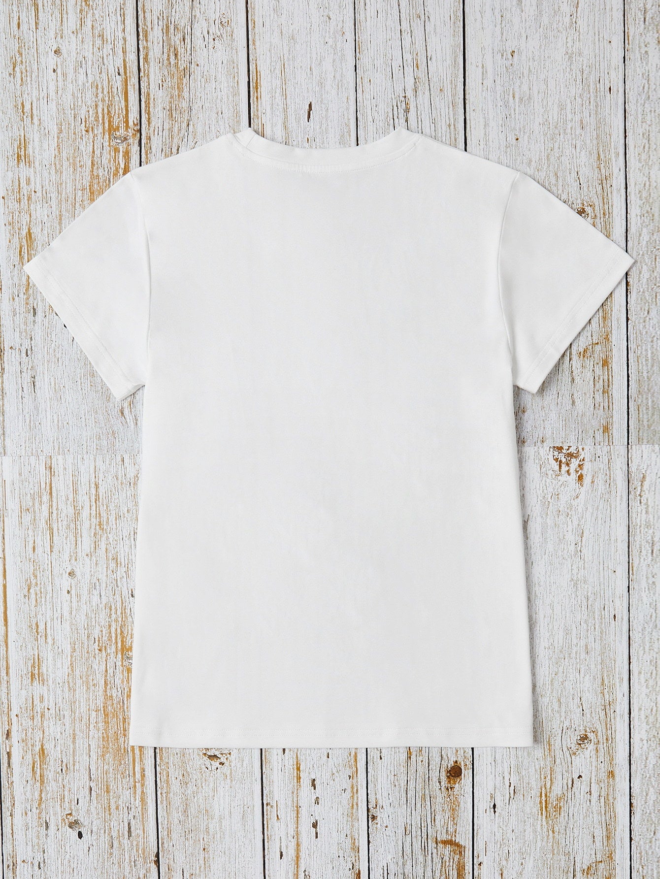 Back view of white round neck short sleeve t-shirt