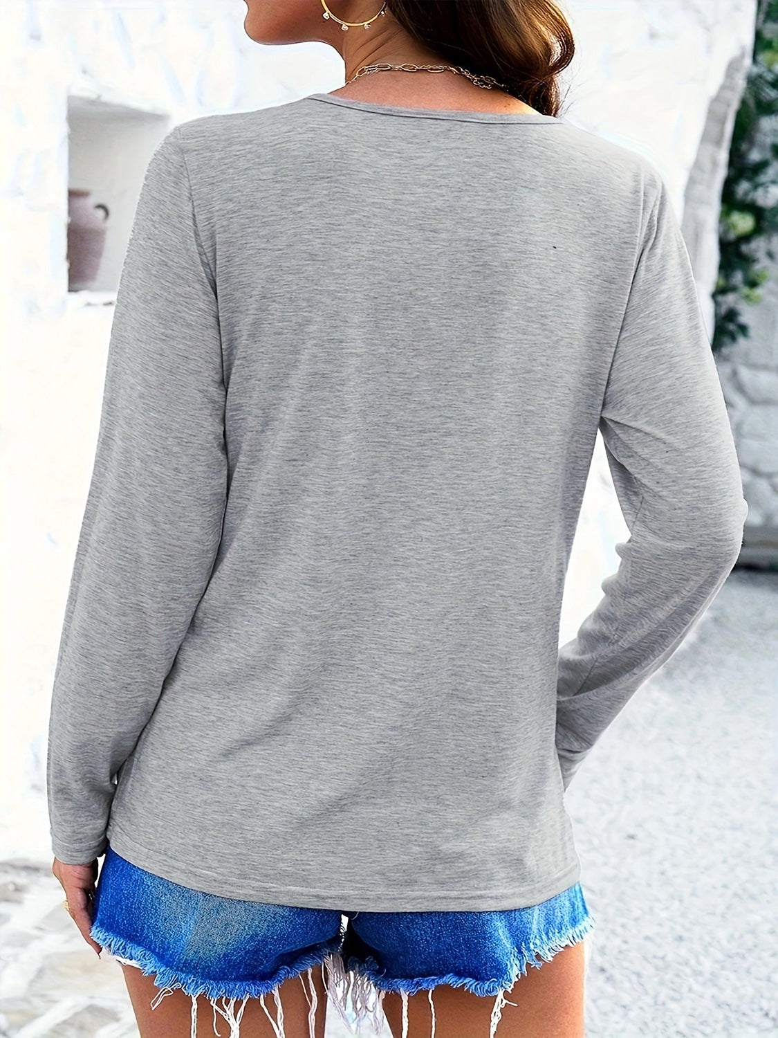 Gray crisscross V-neck long sleeve T-shirt, back view