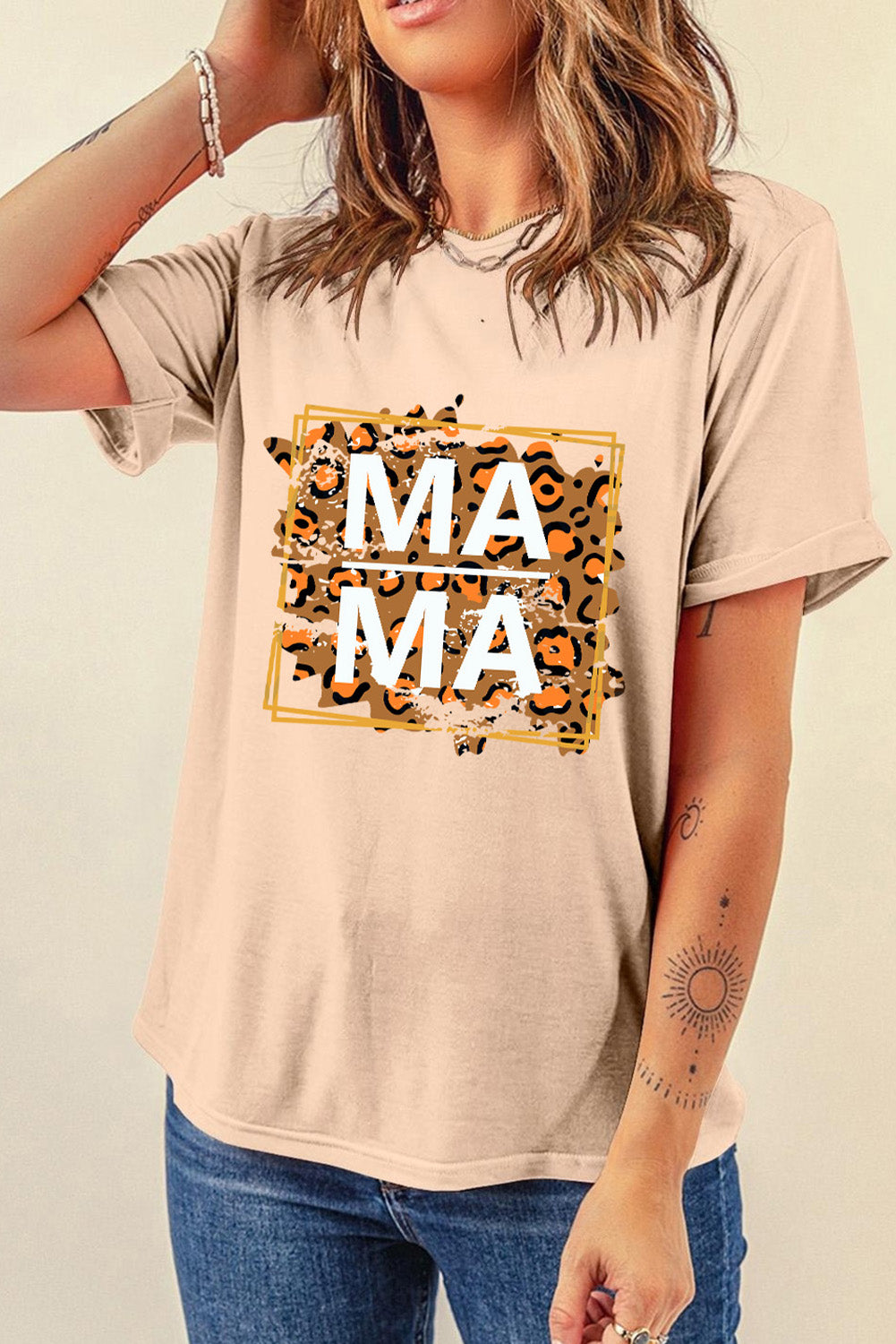 Beige MAMA t-shirt featuring leopard print design