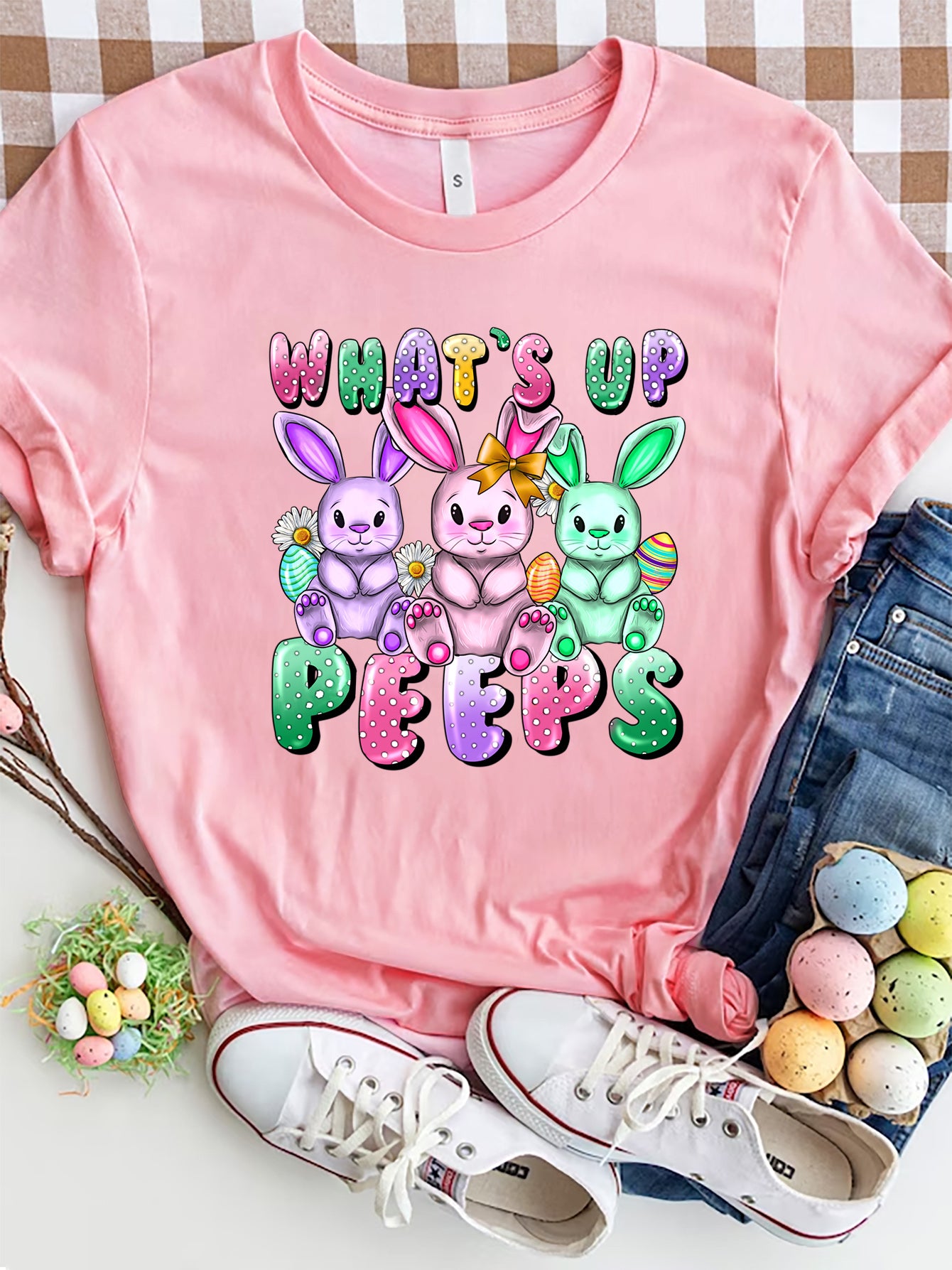 Pink graphic round neck short sleeve t-shirt with bunny design