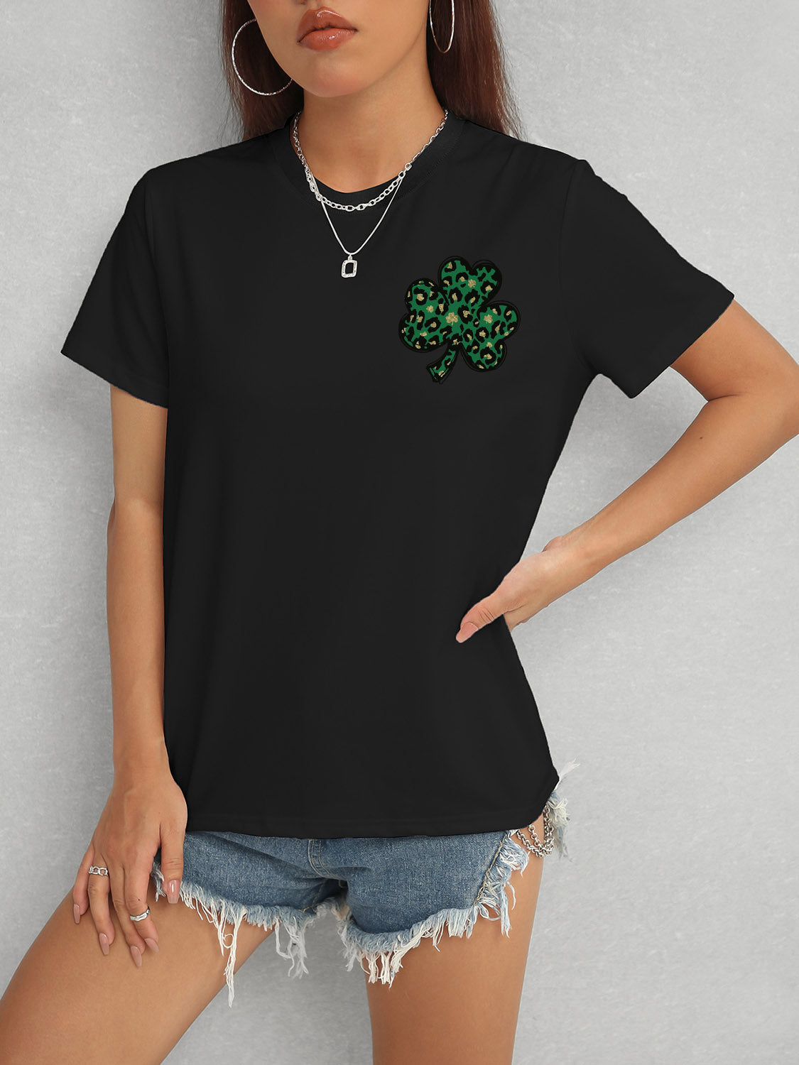 Black Lucky Clover Round Neck T-Shirt