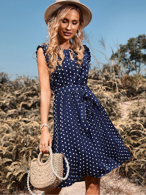 Robe plissée à pois, col rond, manches courtes, mode femme