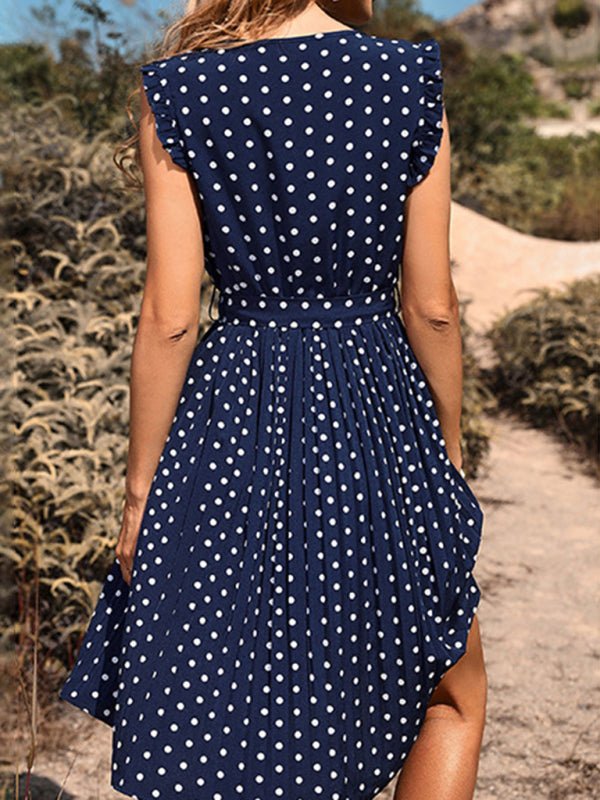 Robe plissée à pois, col rond, manches courtes, mode femme