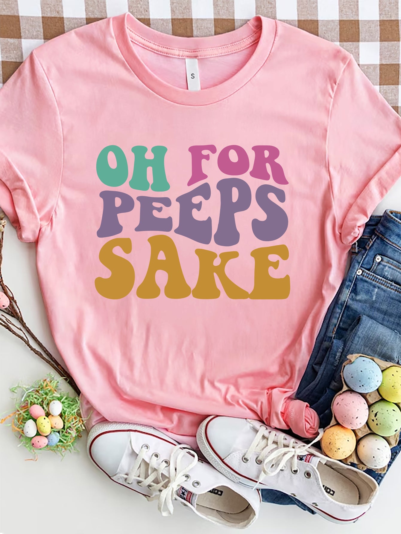 Pink OH FOR PEEPS SAKE round neck t-shirt with colorful text