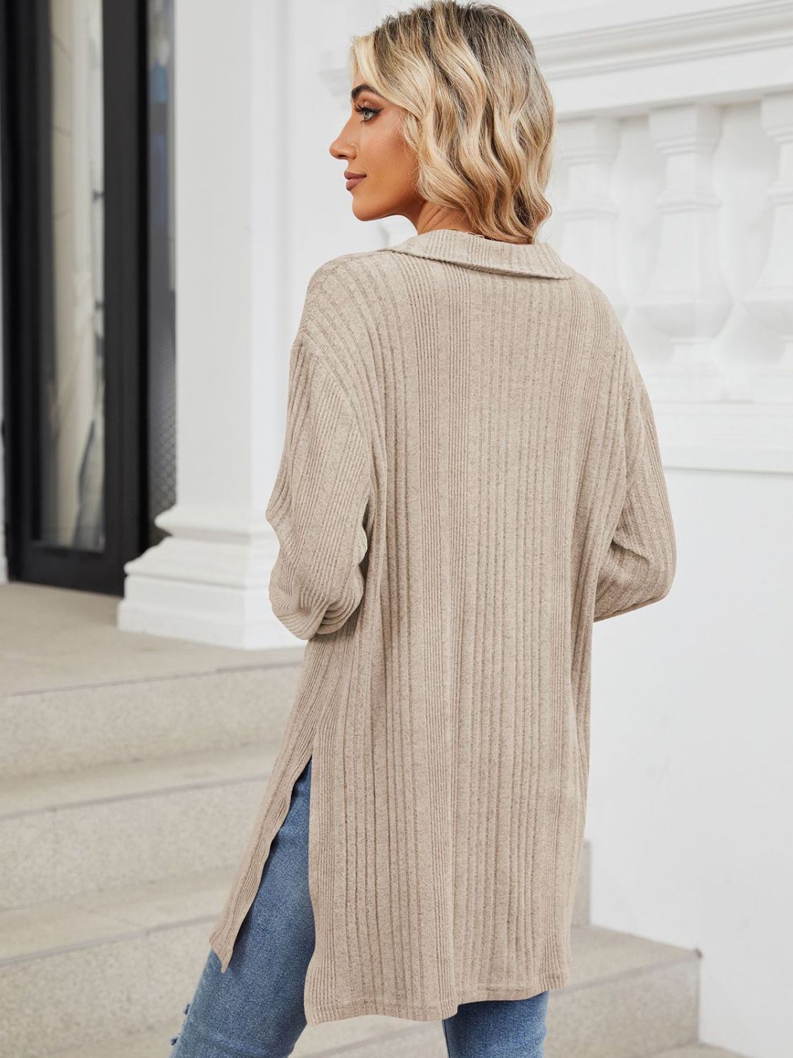 Beige slit Johnny collar long sleeve t-shirt back view