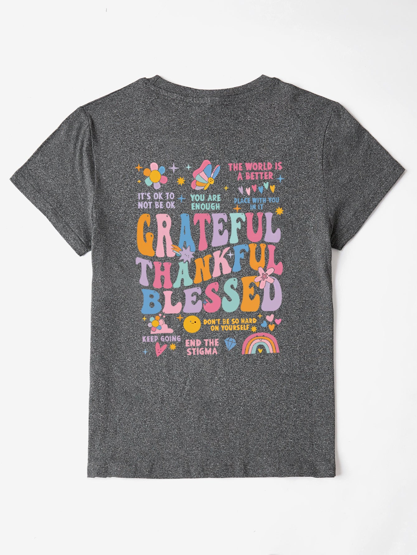 Dark gray T-shirt with colorful gratitude graphic on back
