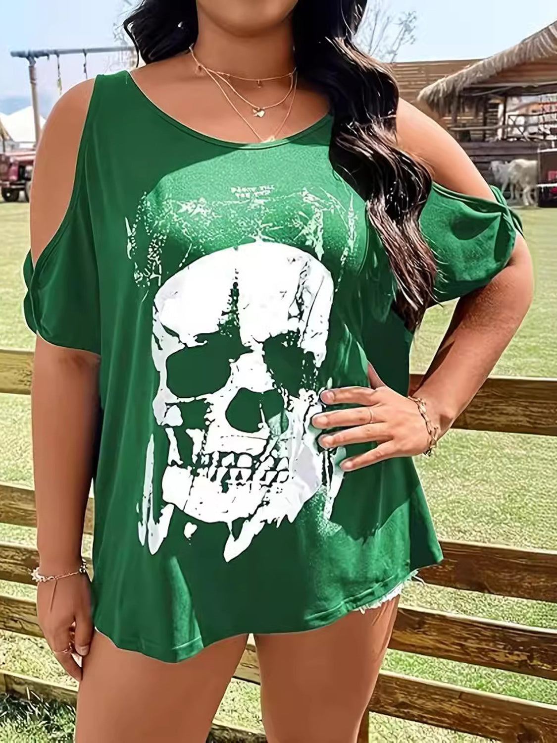 Green skeleton graphic round neck cold shoulder T-shirt