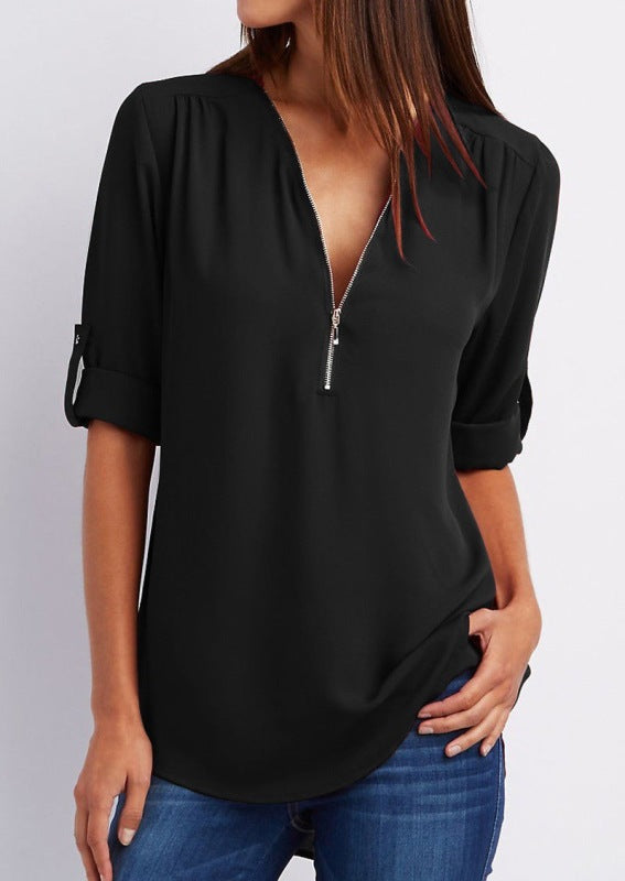 V-Ausschnitt Reißverschluss große Größe Langarm-Pullover aus Chiffon für Pendler mit lockerem Schnitt