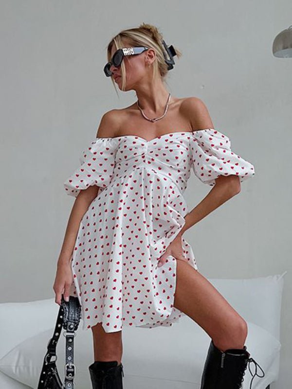 Kurzärmliger, kurzärmliger A-Linien-Rock mit französischem Sexy-Love-Print und Puffärmeln