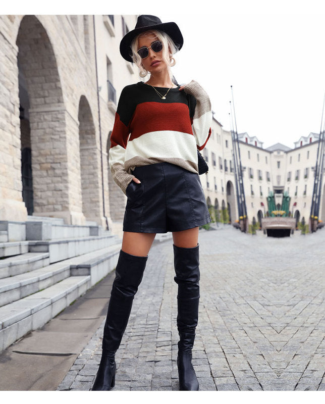 Lockerer, langärmliger Colorblock-Pullover für Damen im Herbst