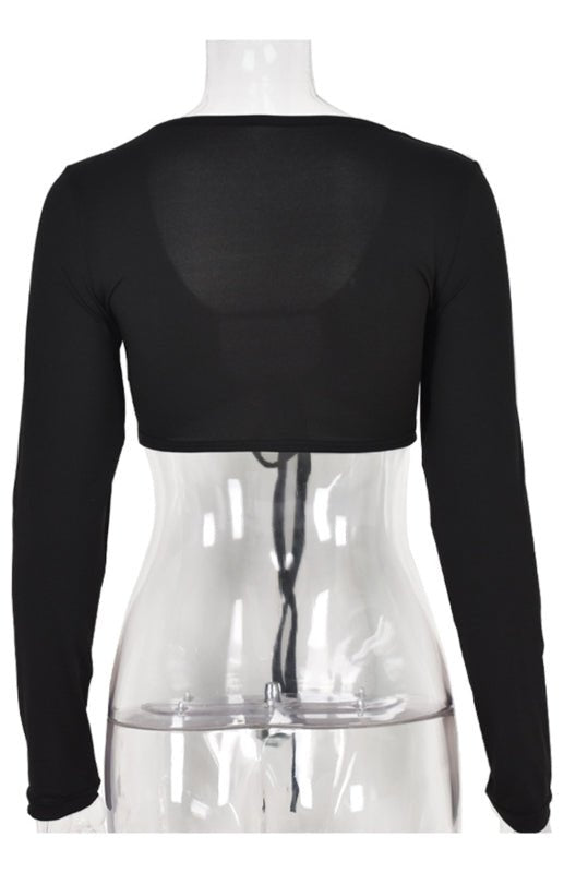 Ausgehöhlte Schnür-Langarmbluse mit V-Ausschnitt und sexy Damen-T-Shirt